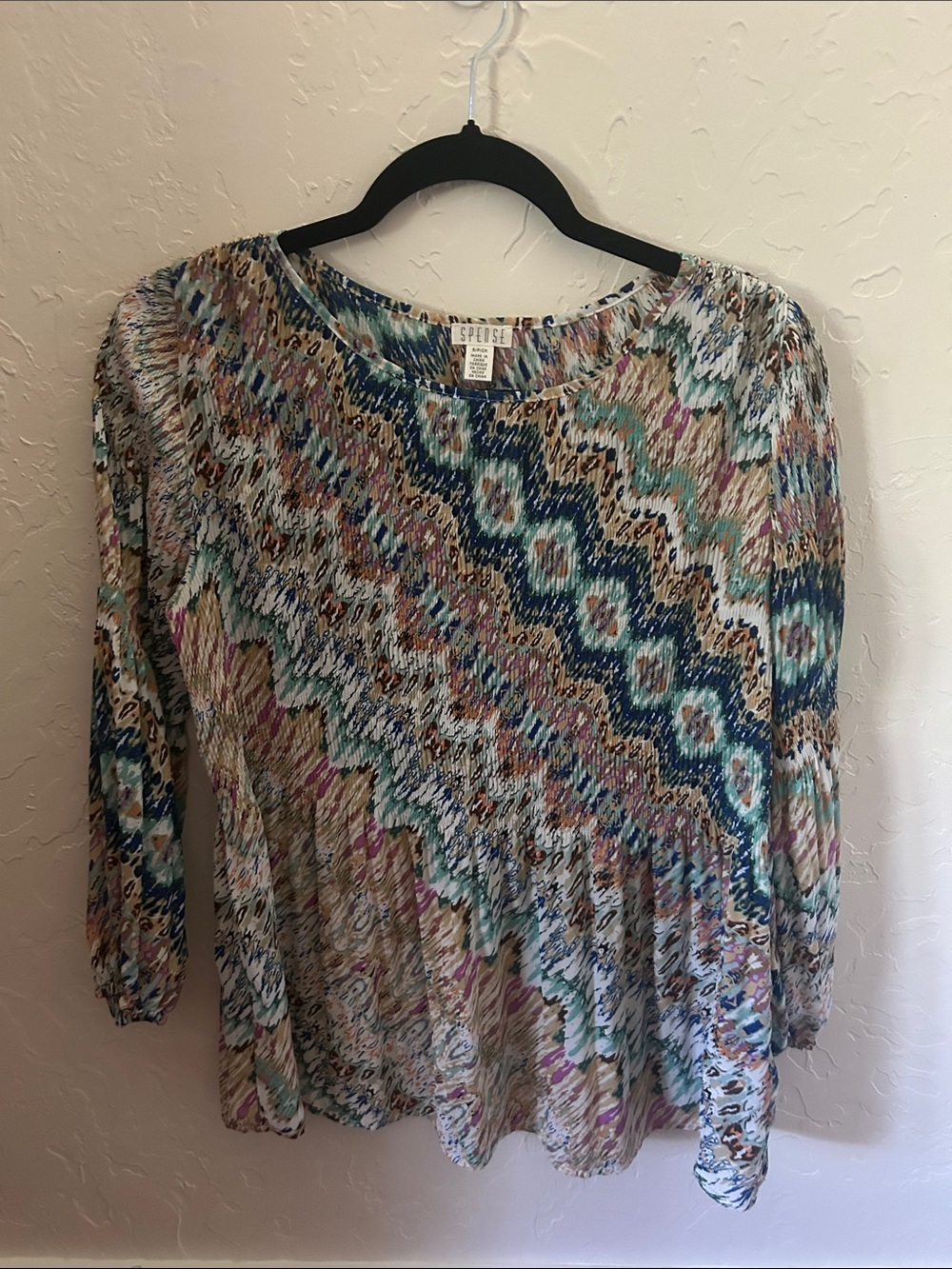 Spense Multicolor Chevron-Print Long-Sleeve Peasant Blouse